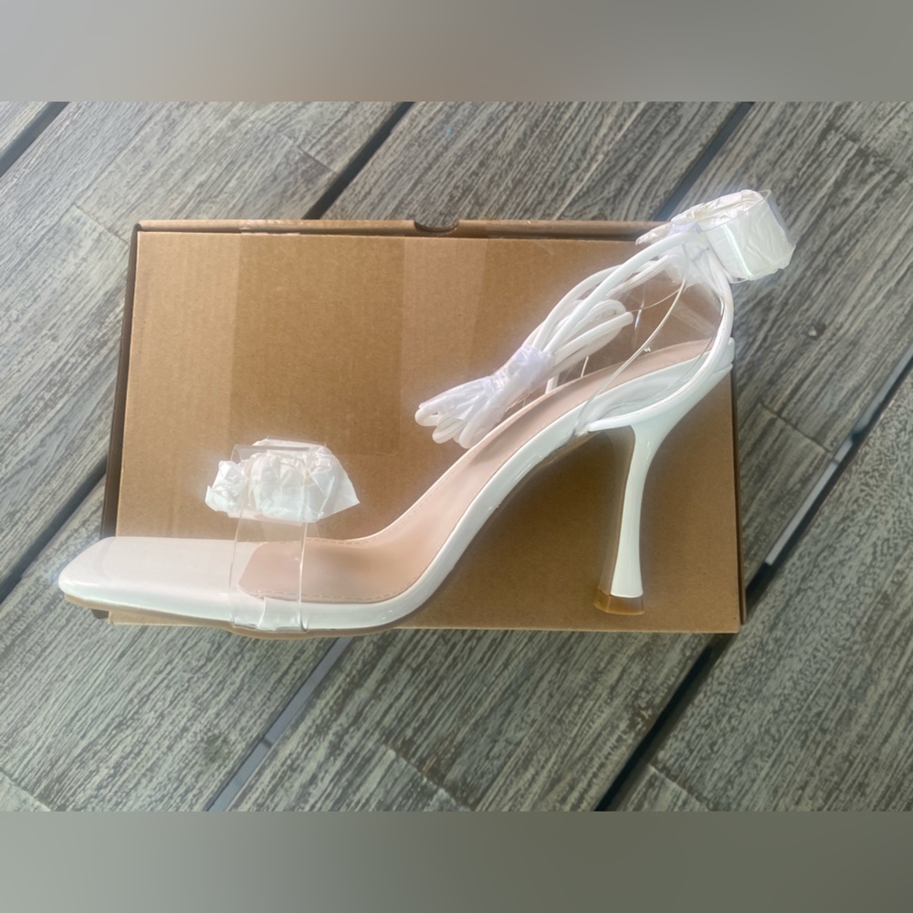 Women’s Clear Bow Heeled Sandals Strappy Lace Up, Rhinestone’s, White Sz 5.5 - Picture 4 of 6